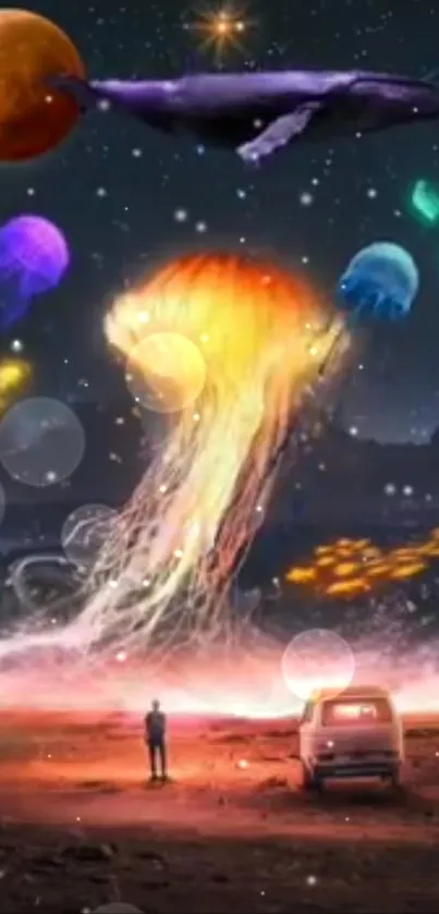 A surreal cosmic artwork with planets, jellyfish, and a whale in space.