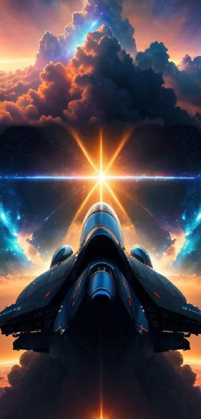Futuristic spaceship soaring through a cosmic, starry sky with vibrant clouds.