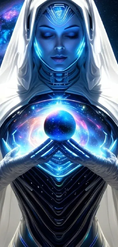 Futuristic cosmic goddess artwork with glowing elements.