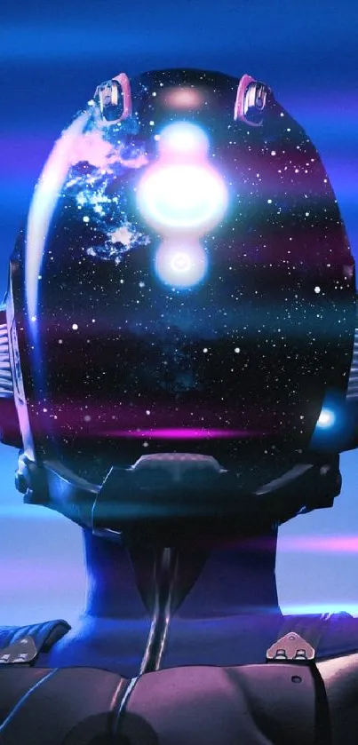 Futuristic helmet with a starry sky reflected on its visor, set against a blue background.
