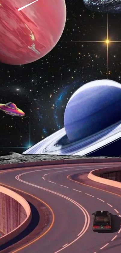 Futuristic space wallpaper with planets and a winding road.