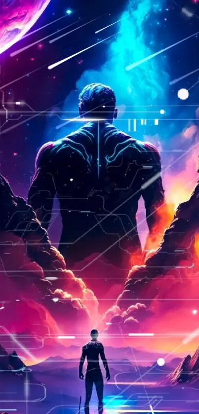 Cosmic journey with vibrant colors and silhouetted figure.