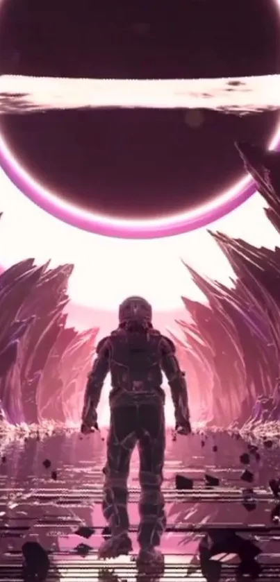 Astronaut stands in a futuristic alien world under a glowing cosmic sphere.