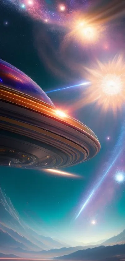 Futuristic cosmic landscape with planets and galaxies in vibrant colors.