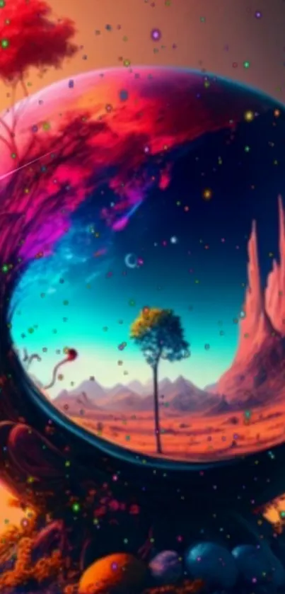 Futuristic cosmic landscape with vivid colors and surreal design.