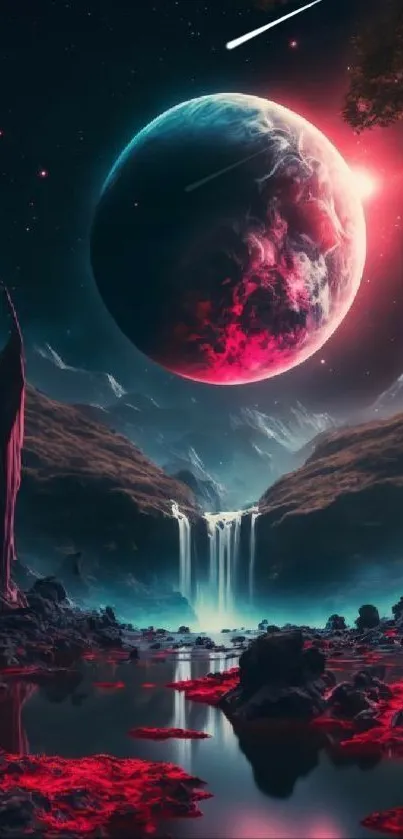 Cosmic landscape wallpaper with planet and red accents.