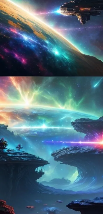 A vibrant futuristic cosmic landscape with galaxies and starry sky.