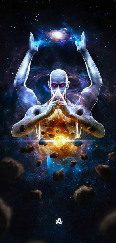 Futuristic cosmic artwork featuring meditation theme.