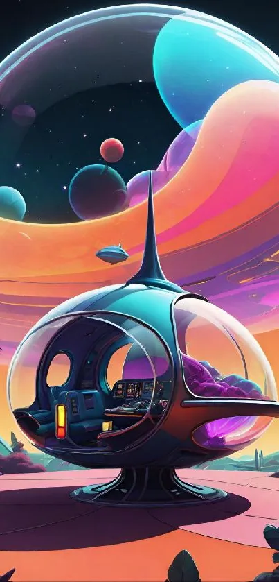 Futuristic sci-fi scene with vibrant cosmic colors and a sleek space station.