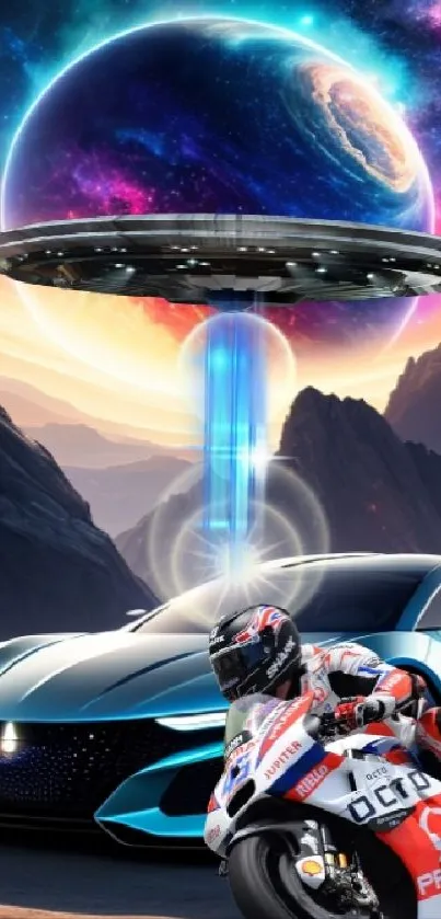 Futuristic scene with car, UFO, and motorbike under a cosmic night sky.