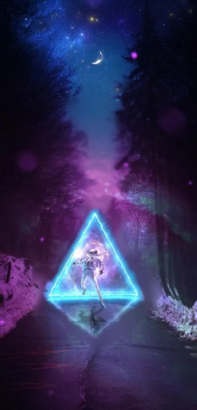 Futuristic cosmic night scene with neon triangle.