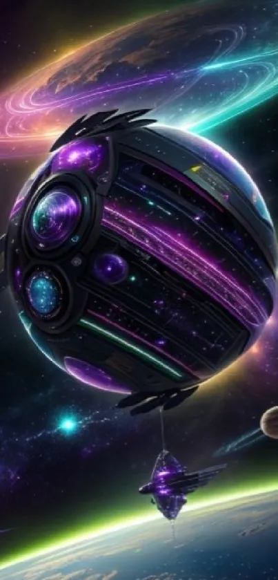 Futuristic galaxy orb with vibrant cosmic colors.
