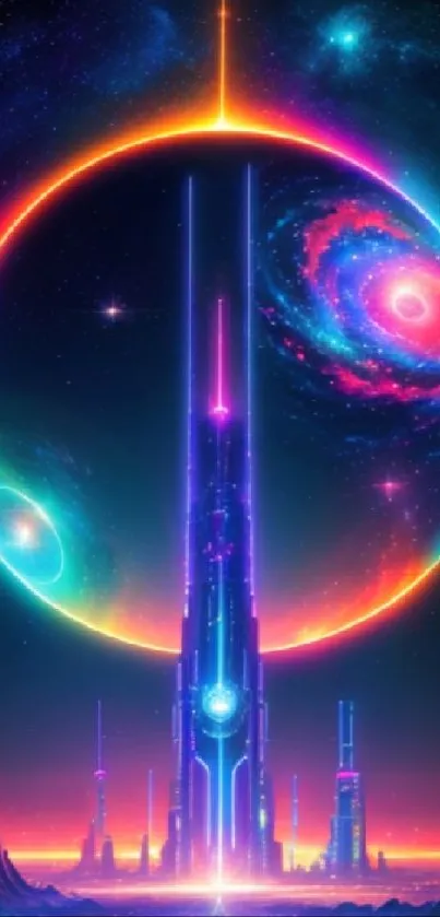 Futuristic neon cosmic wallpaper with galaxy and vibrant lights.
