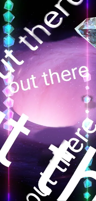Futuristic cosmic mobile wallpaper with crystals and text 'out there'.
