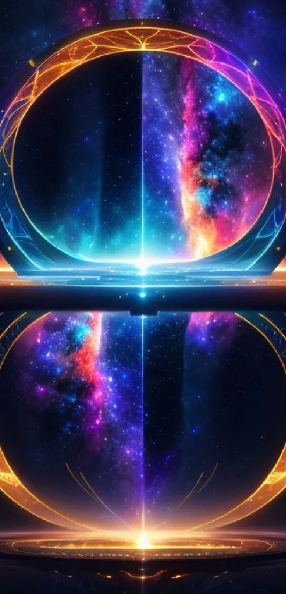 Futuristic cosmic portal with vibrant colors and neon galaxy backdrop.