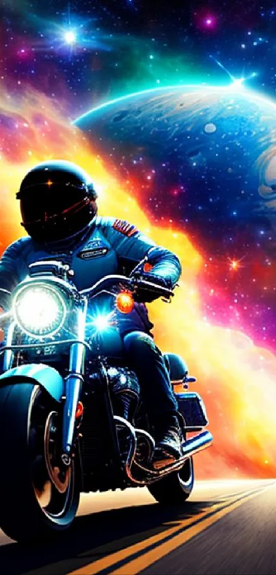 A motorcyclist rides towards a vibrant cosmic backdrop with a glowing planet.