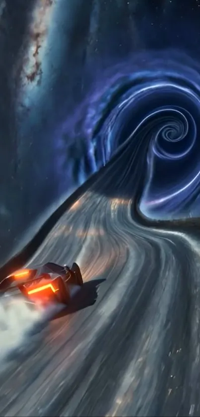 Futuristic car on swirling galaxy road.