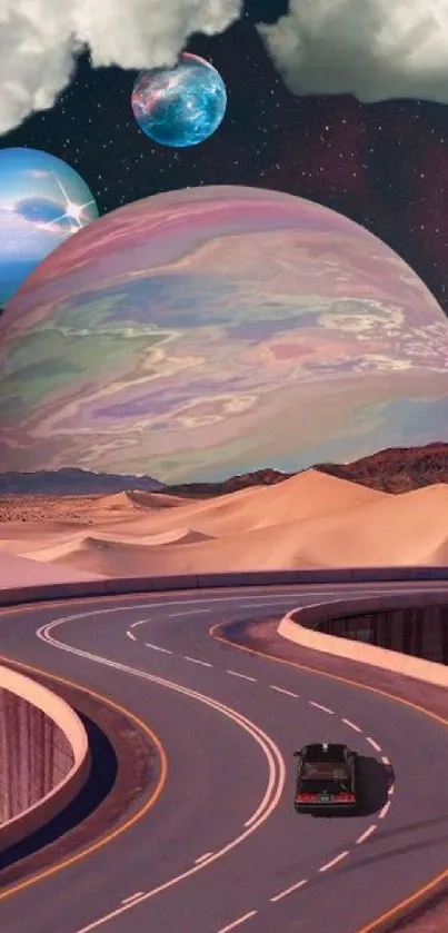 Surreal desert road beneath colorful planets