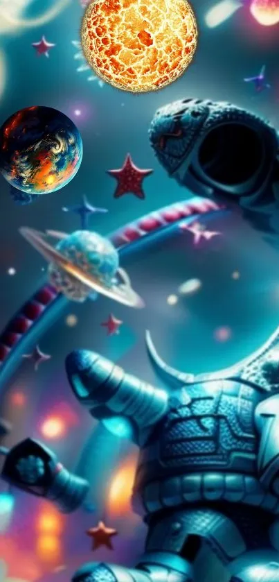 Vibrant cosmic wallpaper with robot, planets, and stars in a digital space art scene.