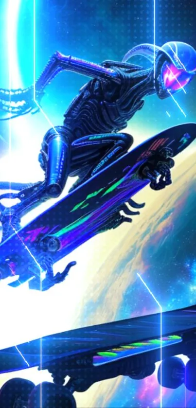 Futuristic alien skater in cosmic scene.