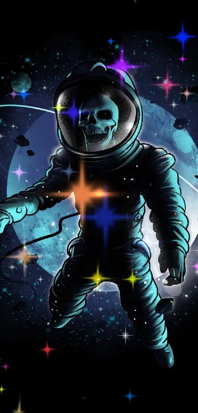 Futuristic skeleton astronaut in cosmic space art with vibrant stars.