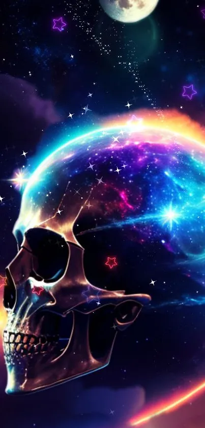 Cosmic skull with neon colors in a galaxy-themed background.