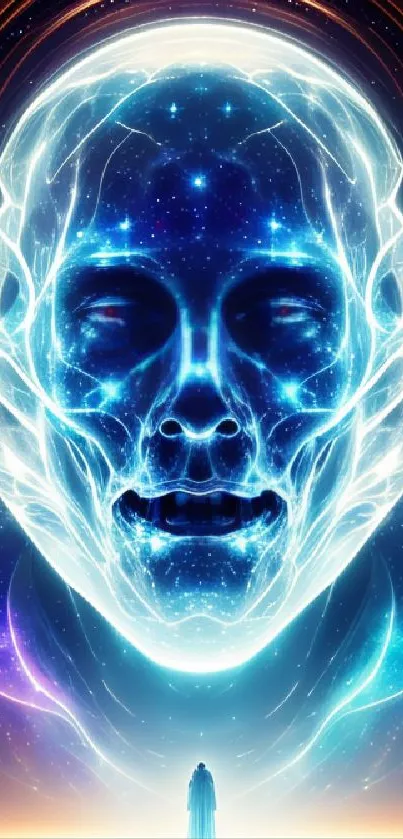 Futuristic cosmic skull with vibrant blue light and a galaxy background.