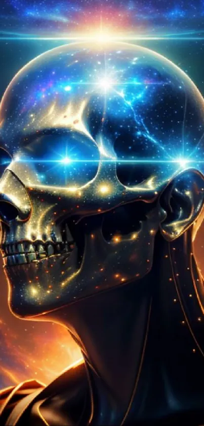 Futuristic cosmic skull with galaxy lights and a dark blue background.