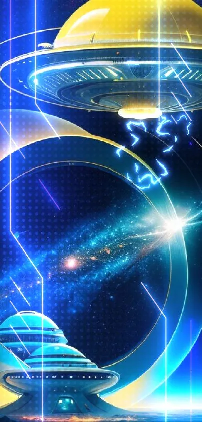 Futuristic cosmic scene with space elements and vibrant colors.
