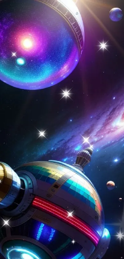 Futuristic cosmic sphere with galaxies and vibrant space art.