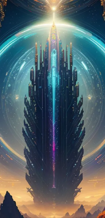 Futuristic cosmic structure glowing with vibrant colors in a surreal landscape.