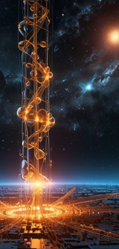 Futuristic cosmic tower with a starry background