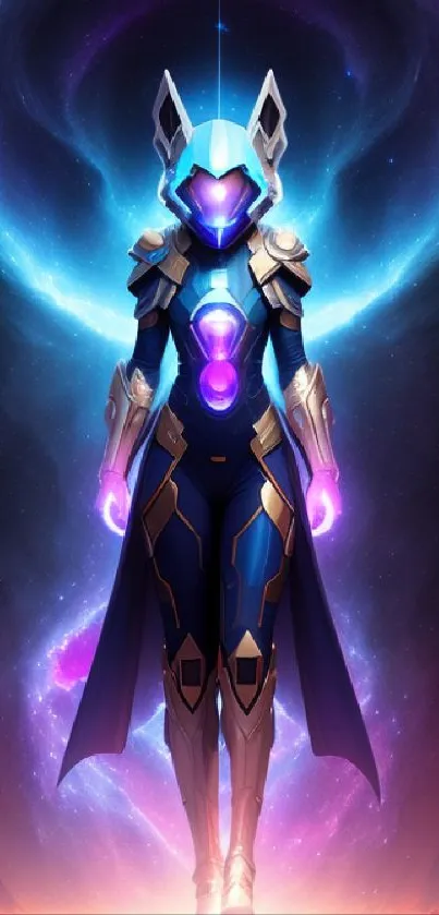 Futuristic cosmic warrior with vibrant colors in a galaxy-themed wallpaper.