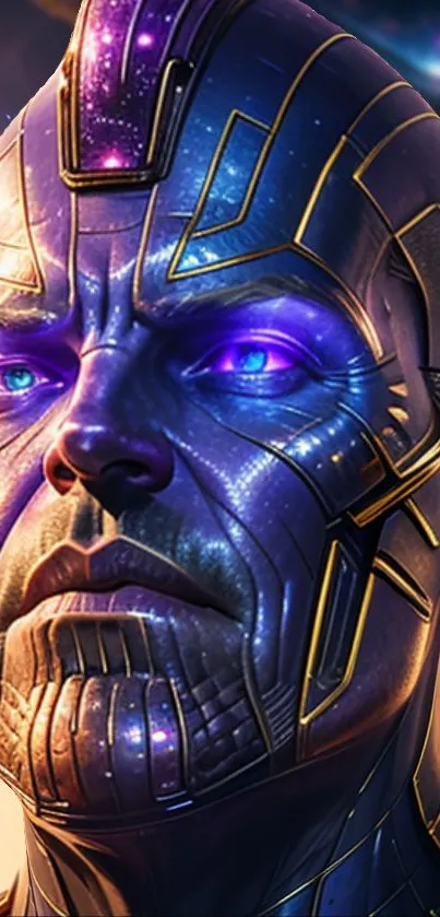 Futuristic cosmic warrior art with purple and gold colors in digital style.