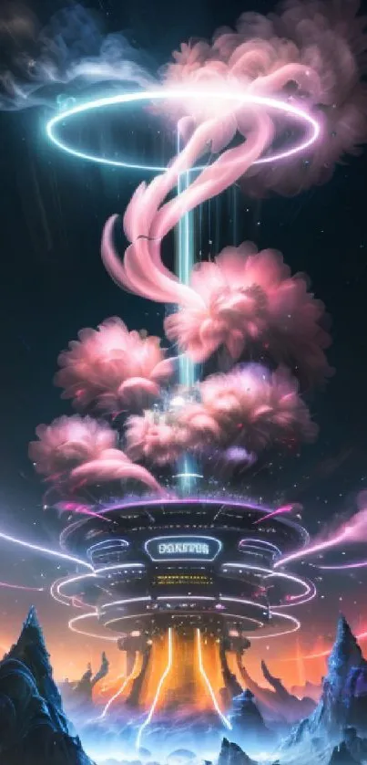 Futuristic neon cityscape with swirling clouds and vibrant lights.