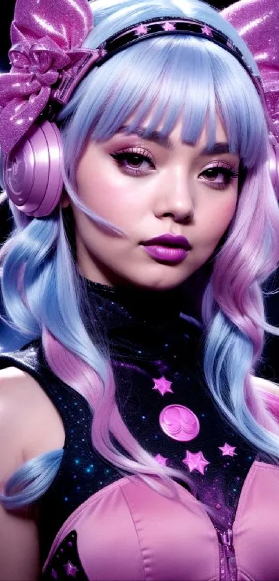 Anime style girl with pink headphones and blue hair in a cosmic themed wallpaper.