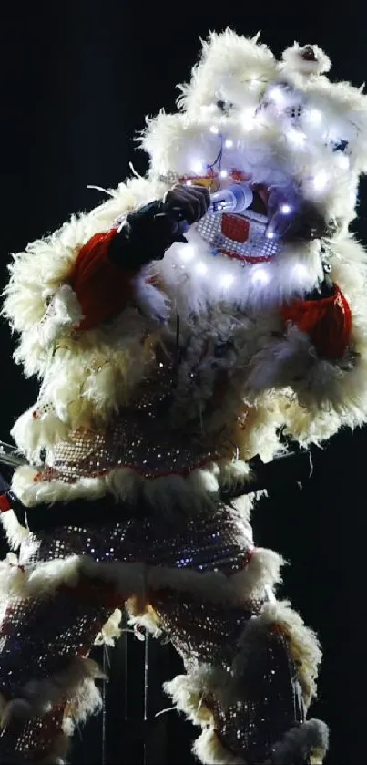 LED-adorned performer in an intricate futuristic costume on stage.