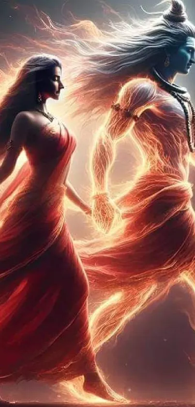 Futuristic couple walking in fiery art design.