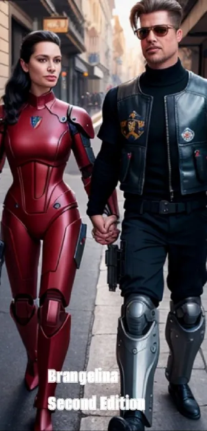 Couple in futuristic armor walking in an urban street setting.