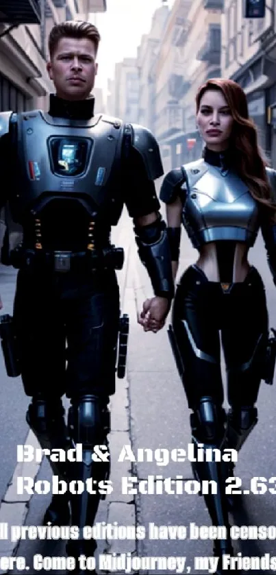 Couple in futuristic armored suits walking down city street.