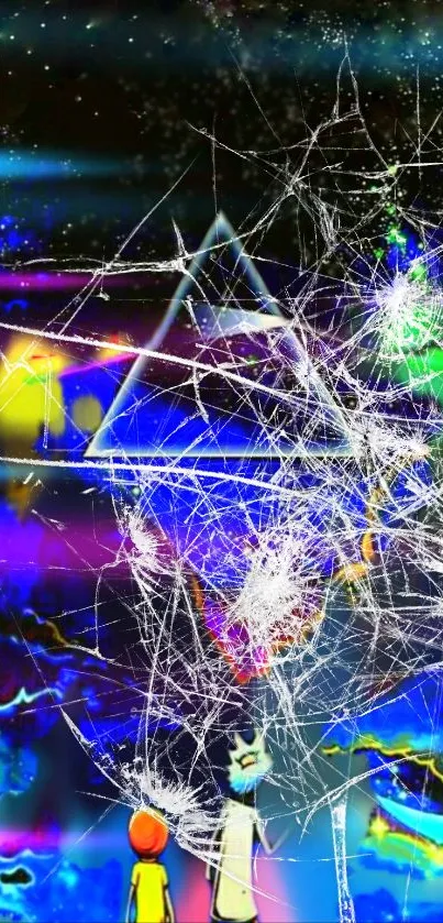 Futuristic cracked glass wallpaper with vibrant colors and abstract design.