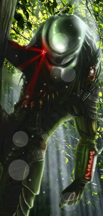 Dark futuristic creature in forest with vivid rays.