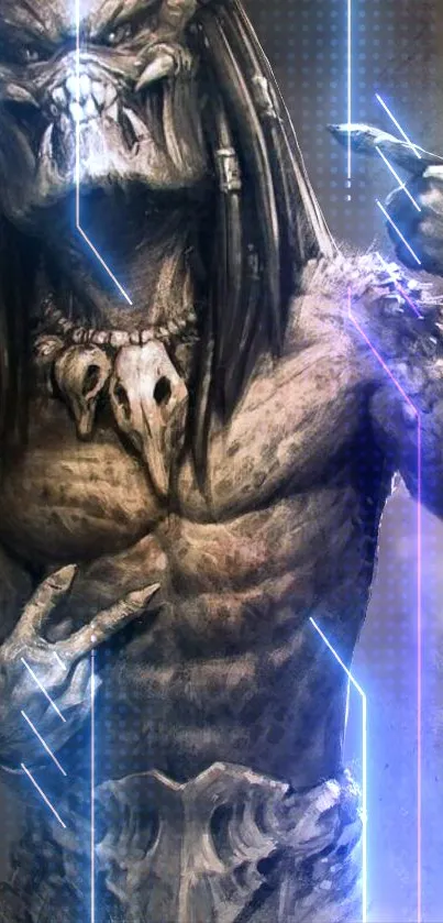 Futuristic alien creature with neon effects on a phone wallpaper.