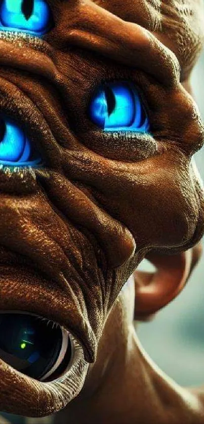 Alien creature with multiple blue eyes and brown textured skin.