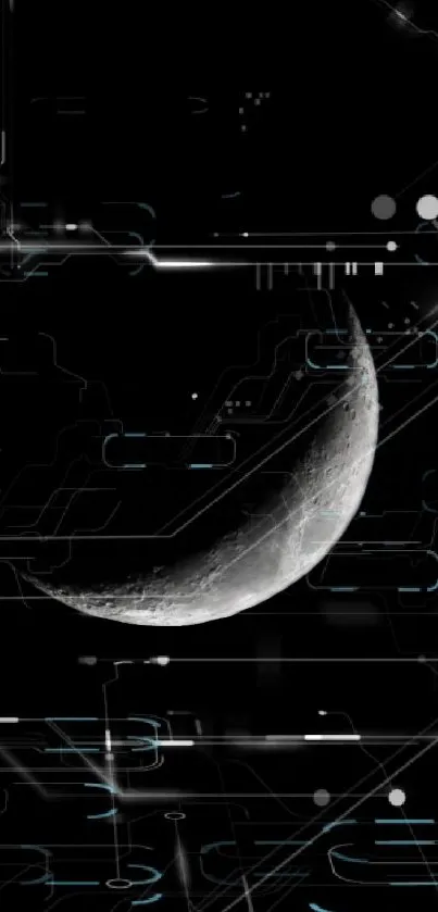 Futuristic crescent moon with digital circuit design on black background.