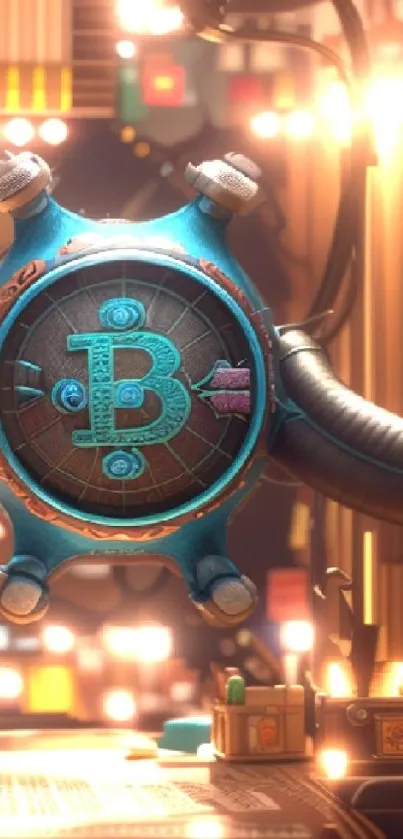 Futuristic crypto clock in a digital steampunk style setting.