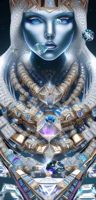 Futuristic robotic figure with crystal adornments in a digital art style.