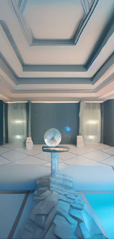 Futuristic crystal chamber with light blue hues.