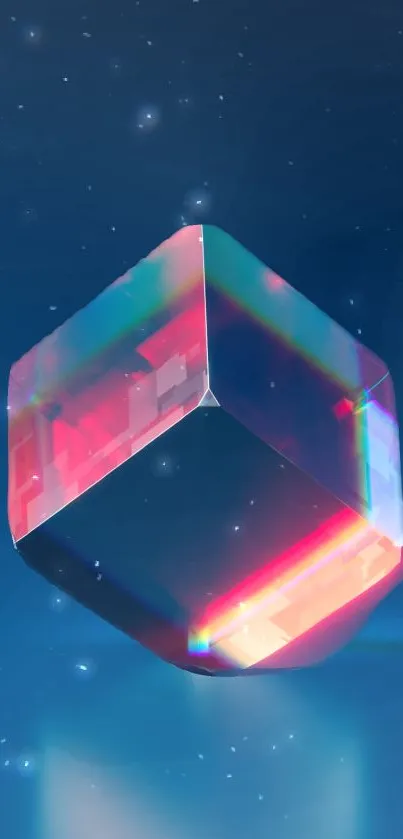 Futuristic glowing crystal cube on a starry blue background.