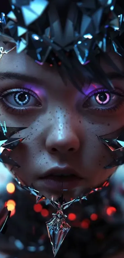 Futuristic portrait with crystal elements in digital art style.